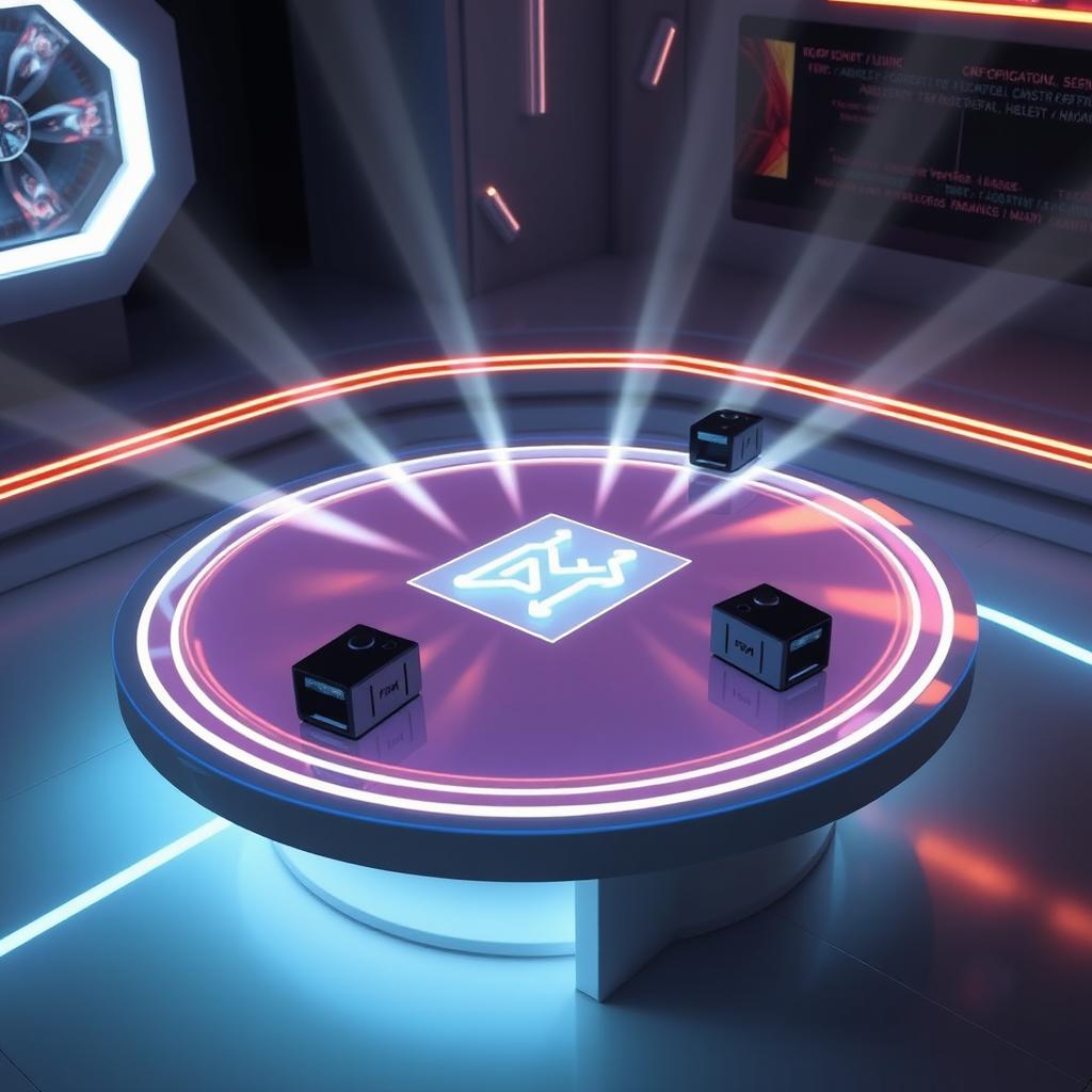A visually striking illustration of a holographic table featuring a 2 meter diameter surface, set in a futuristic environment