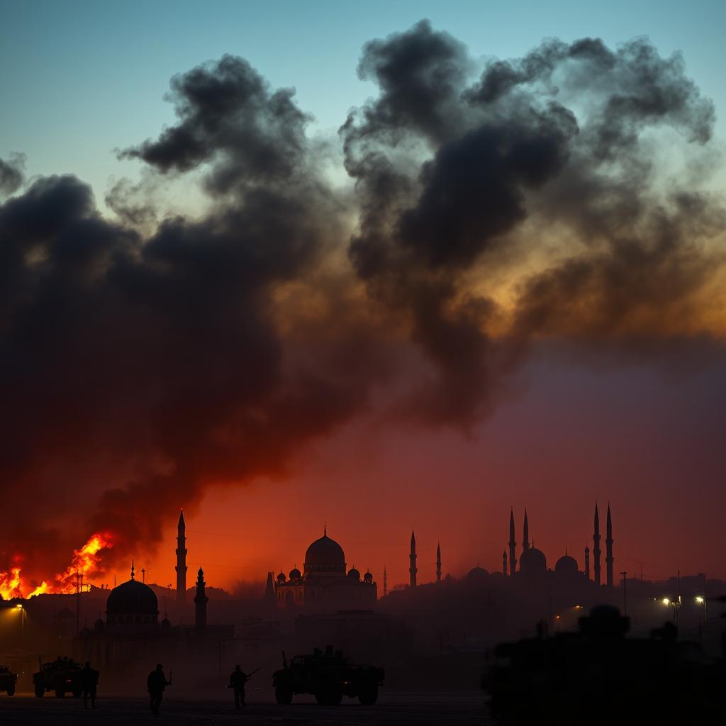 A dramatic scene depicting a war-torn city, Isfahan, Iran, with flames engulfing buildings