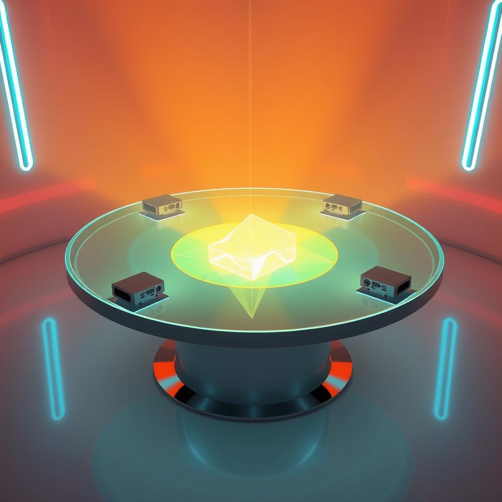A stunning illustration of a holographic table with a 2 meter diameter, showcasing four projectors positioned around the table that project light towards the center