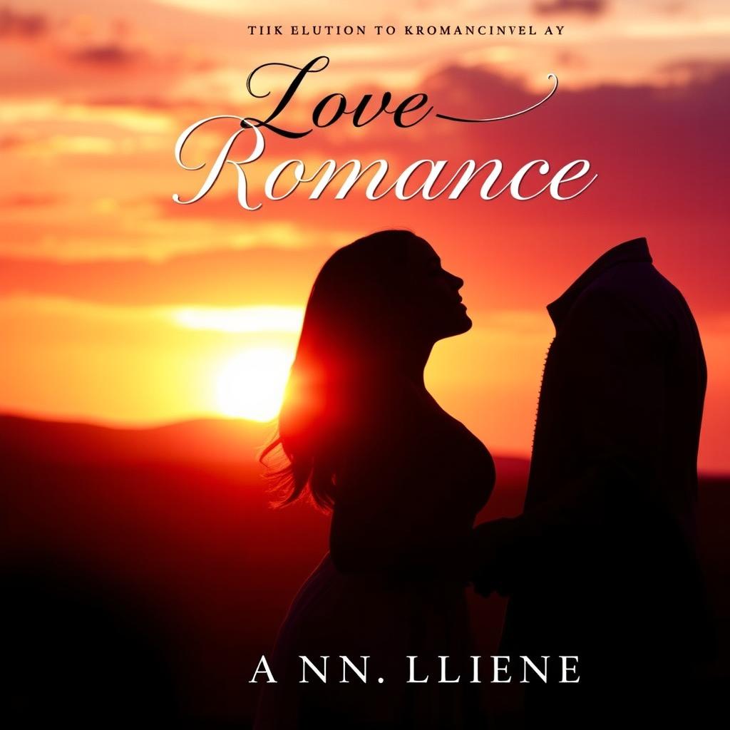 A captivating romance novel cover featuring a serene sunset background with rich hues of orange and pink casting a warm glow