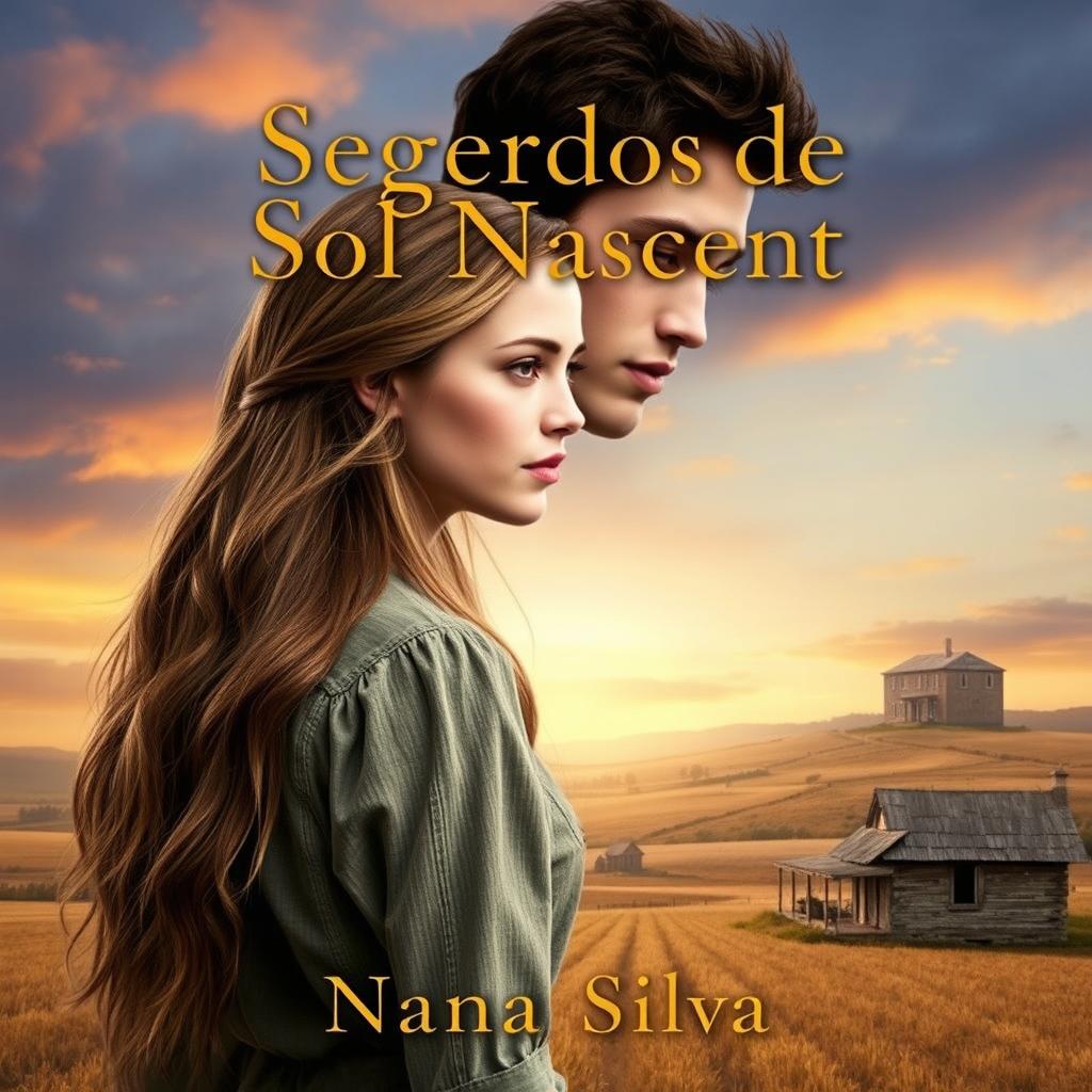 A romantic novel cover titled 'Segredos de Sol Nascente', featuring Bella, a young woman with long, light brown hair, dressed in simple, rustic farm clothes, looking pensively towards the horizon