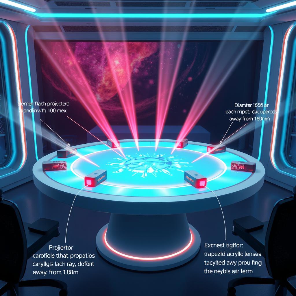 A detailed illustration of a futuristic holographic table with a 2-meter diameter surface, showcasing four projectors positioned around the table that project light towards the center