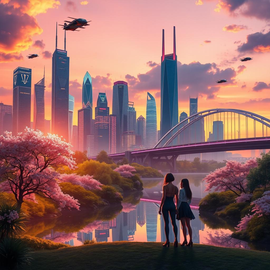 An enchanting digital landscape featuring a futuristic city skyline at sunset, where skyscrapers are adorned with neon lights and flying cars zip through the air