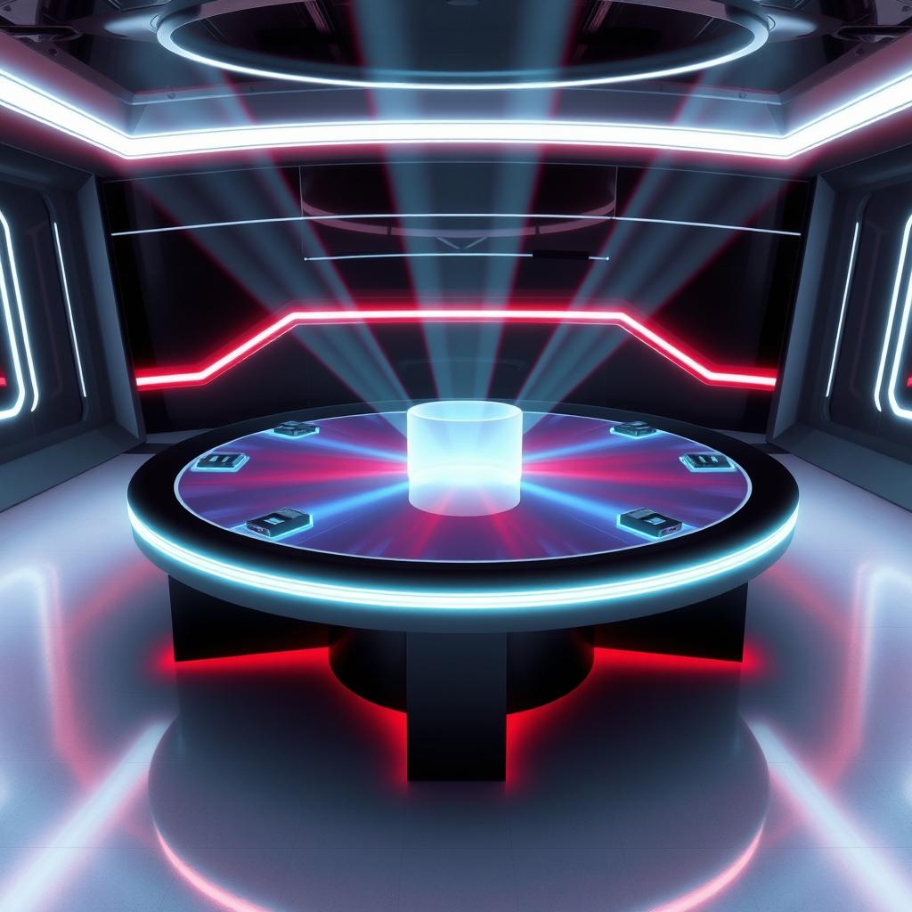 An ultra-realistic illustration of a holographic table featuring a 2 meter diameter surface, set in a sleek, futuristic environment