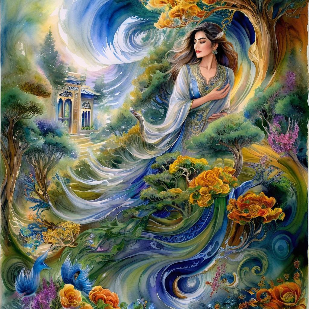 A mystical and spiritual watercolor painting of a beautiful Iranian woman standing inside a beautiful Iranian home amidst a swirl of colorful flowers, a maze of asymmetrical bonsai trees, cypress trees, grapevines, a whirlwind of beautiful little birds, and silk carpets in shades of green, blue, and yellow.