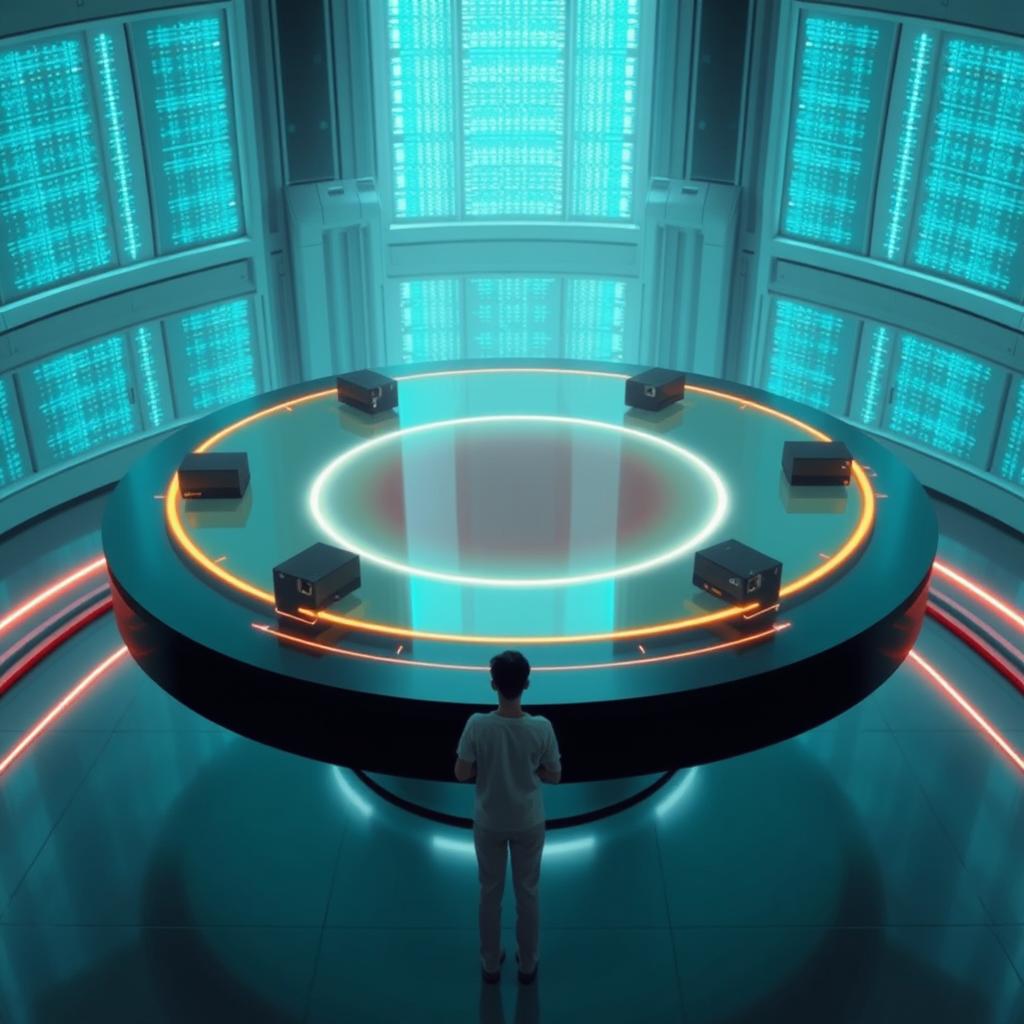 An immersive illustration depicting a holographic table with a 2 meter diameter, set in a futuristic environment