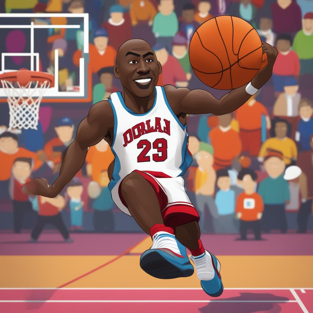 A vibrant, digital rendering of Michael Jordan, in South Park style, actively playing basketball