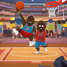 A vibrant, digital rendering of Michael Jordan, in South Park style, actively playing basketball