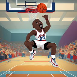 A vibrant, digital rendering of Michael Jordan, in South Park style, actively playing basketball