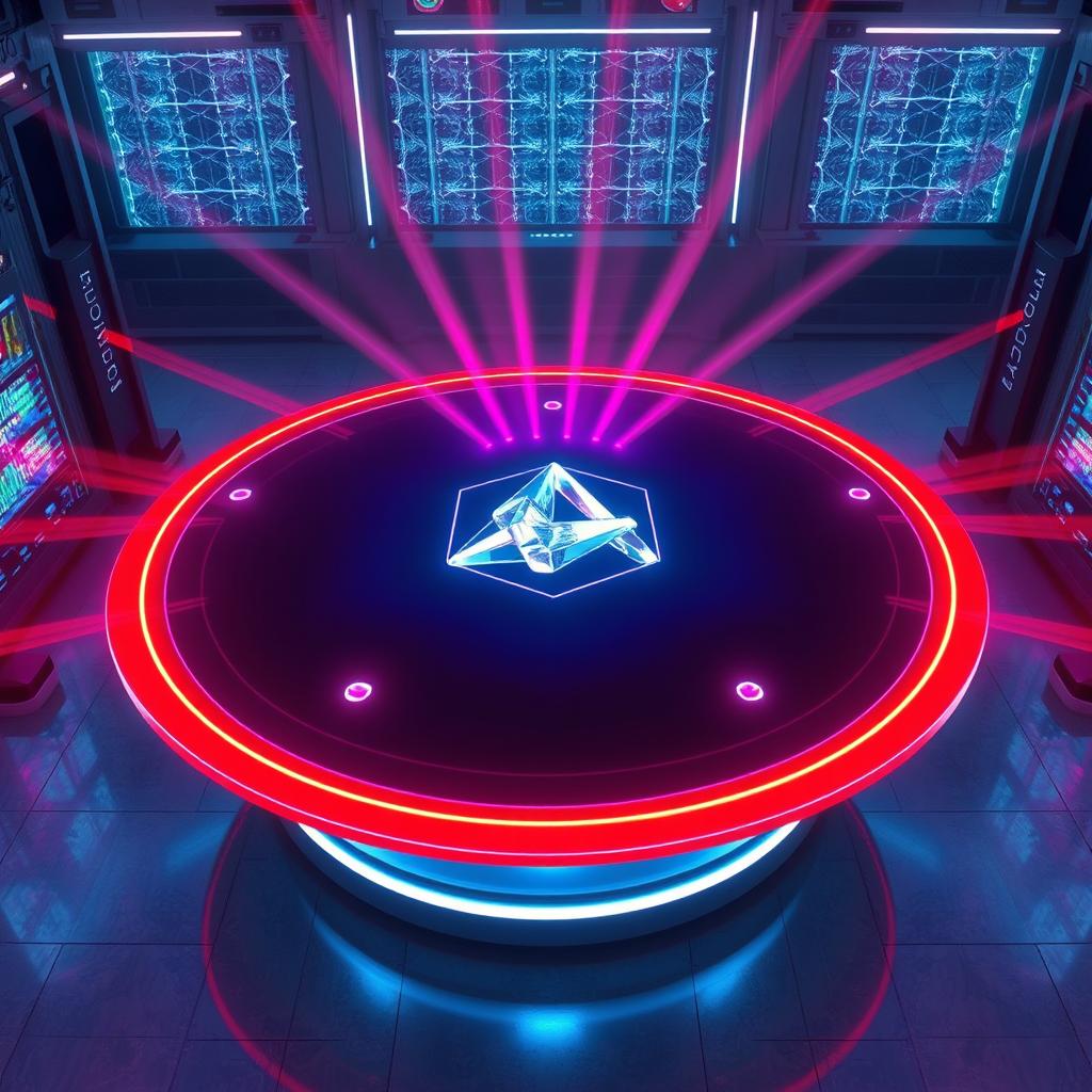 An immersive, ultra-realistic illustration showcasing a futuristic holographic table with a 2-meter diameter
