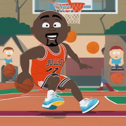 A vibrant, digital rendering of Michael Jordan, in South Park style, actively playing basketball