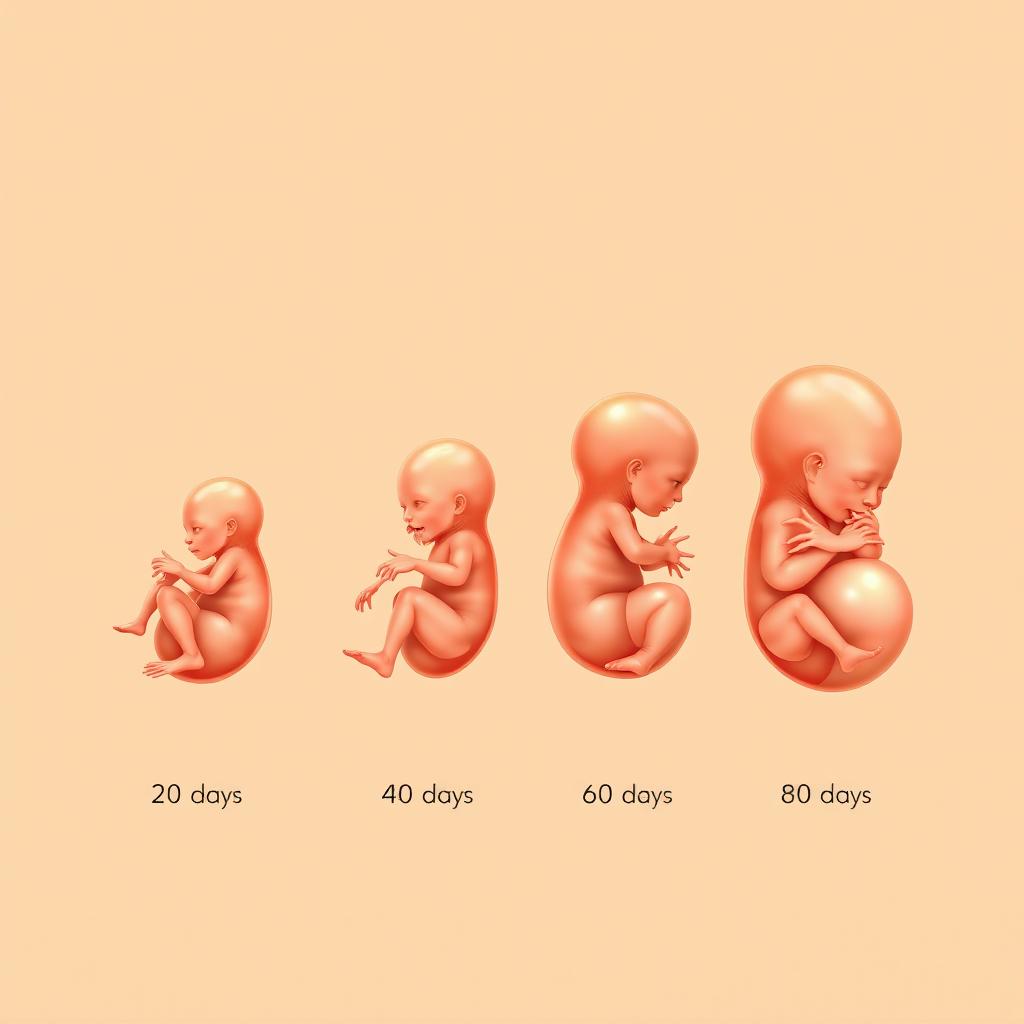 A detailed illustration of the stages of embryonic development, showing the embryo at 20 days, 40 days, 60 days, and 80 days