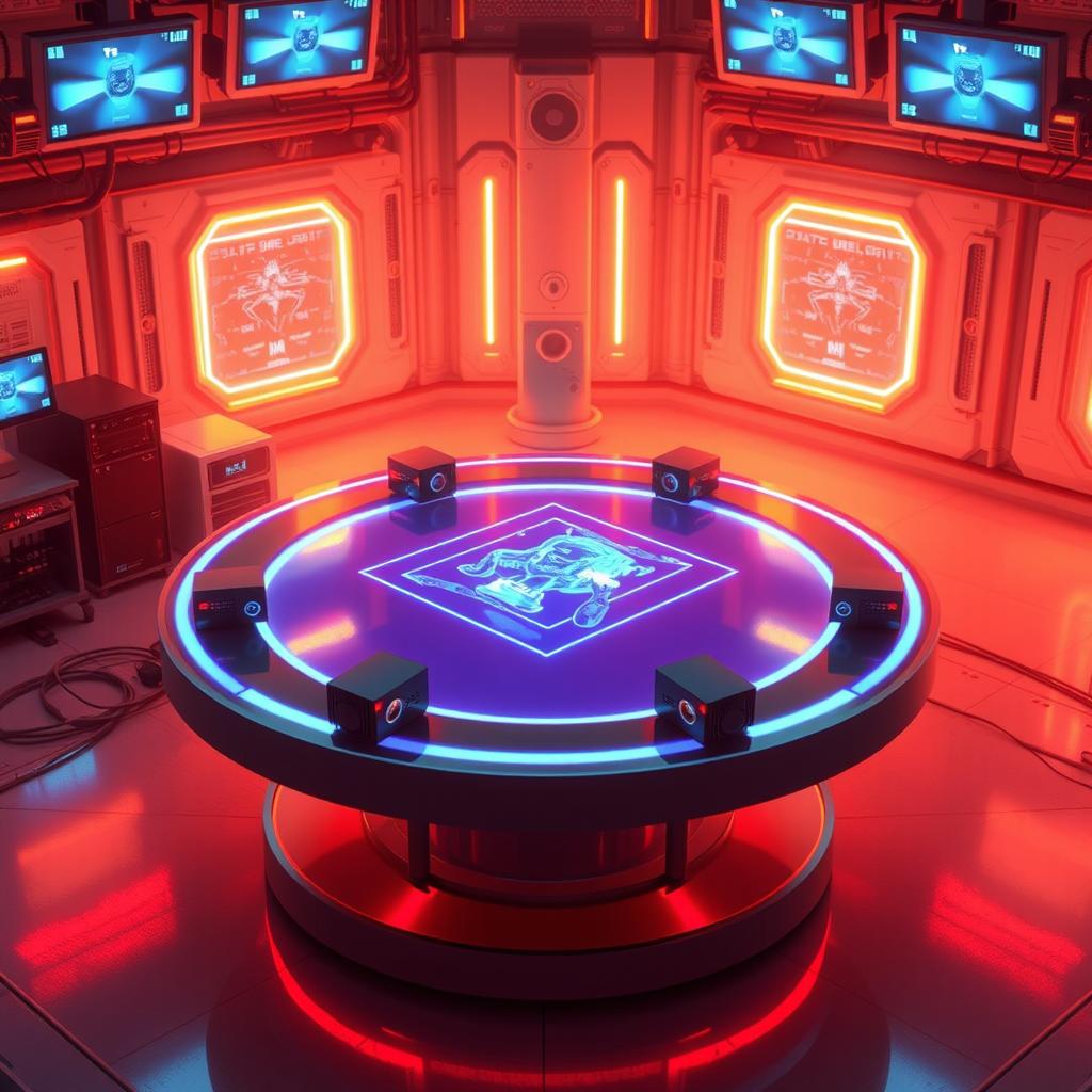 A stunning, ultra-realistic illustration of a holographic table featuring a 2 meter diameter, set in a futuristic environment equipped with multiple state-of-the-art computing systems