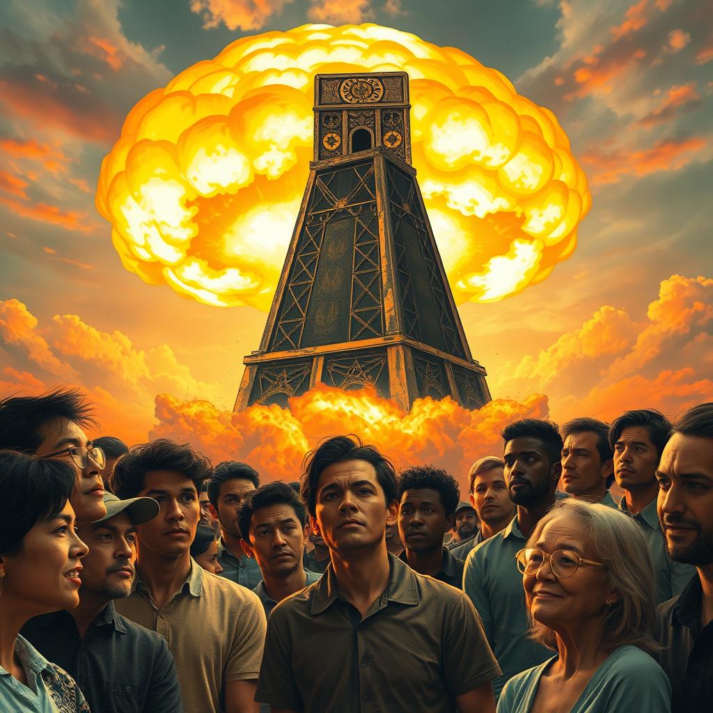 A dramatic scene depicting a nuclear bomb blast in the background while a group of people watches in awe and terror