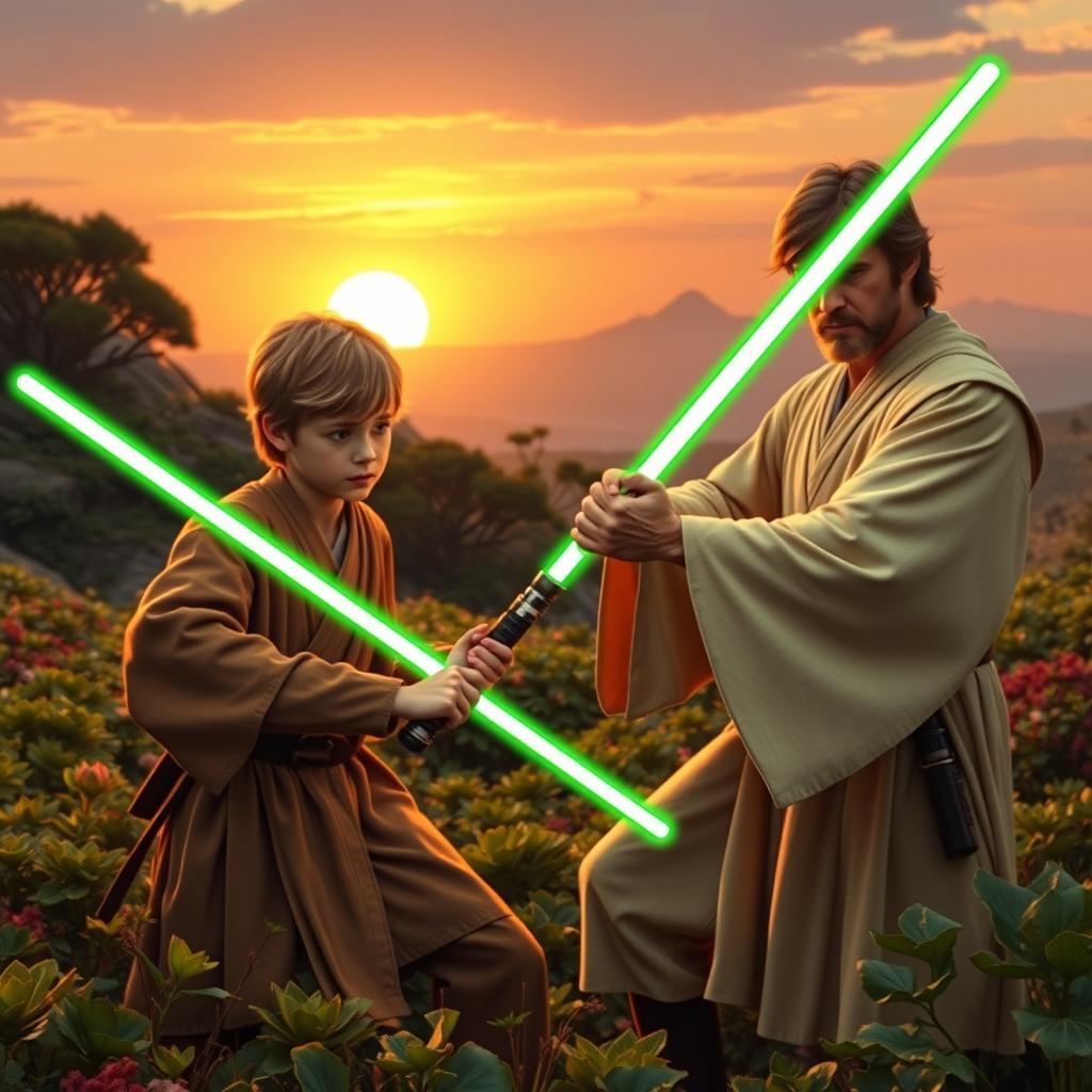 A young Jedi Padawan training with Master Luke Skywalker on a lush, green planet filled with vibrant vegetation