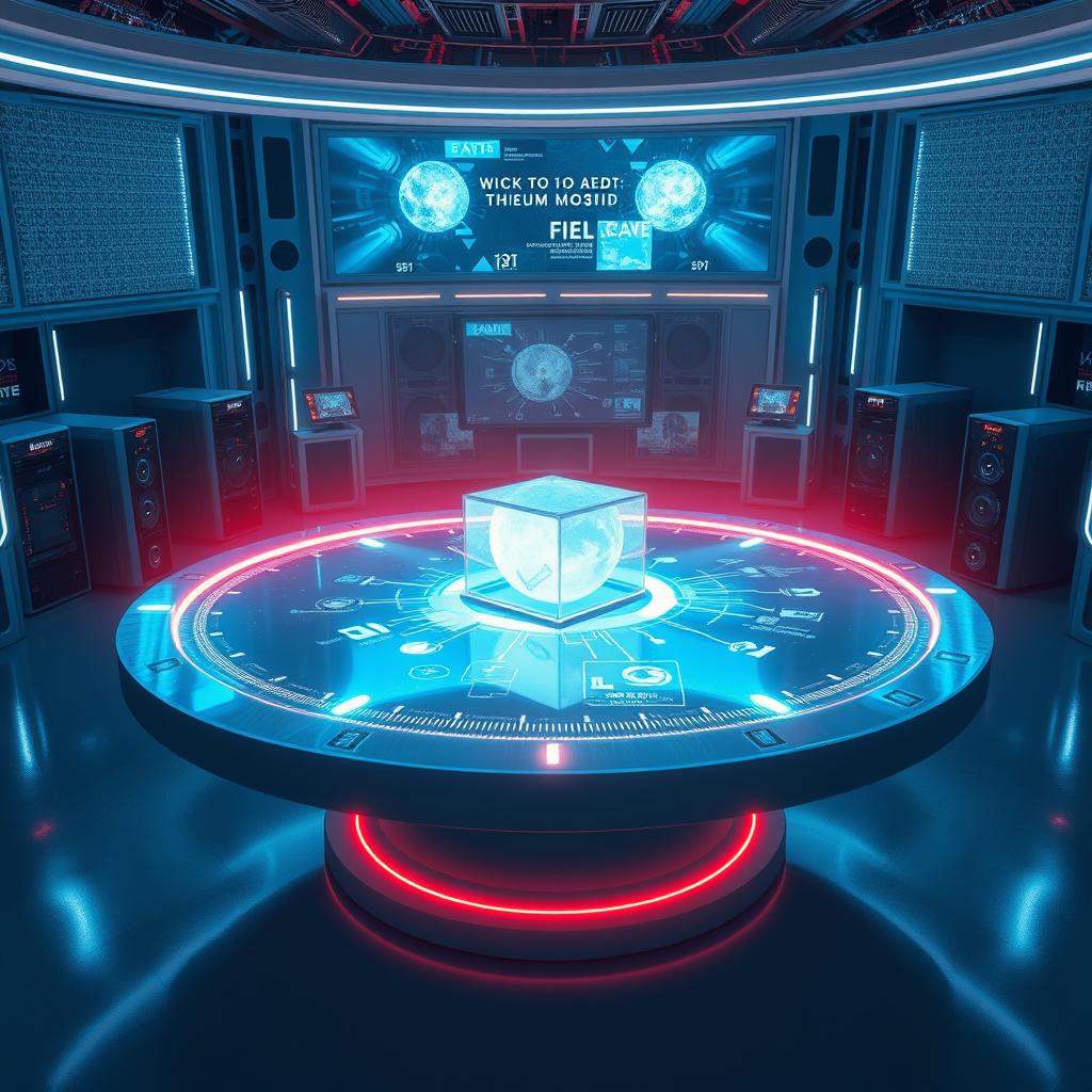 A breathtaking illustration of a futuristic holographic table featuring a diameter of 2 meters, set within a high-tech environment