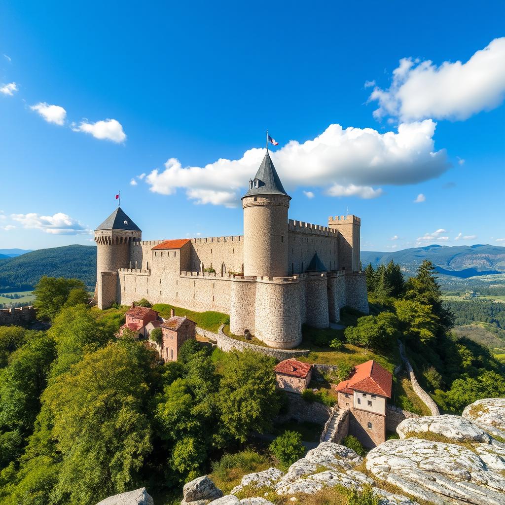 A majestic view of Spiš Castle, perched on a rocky hill under a clear blue sky