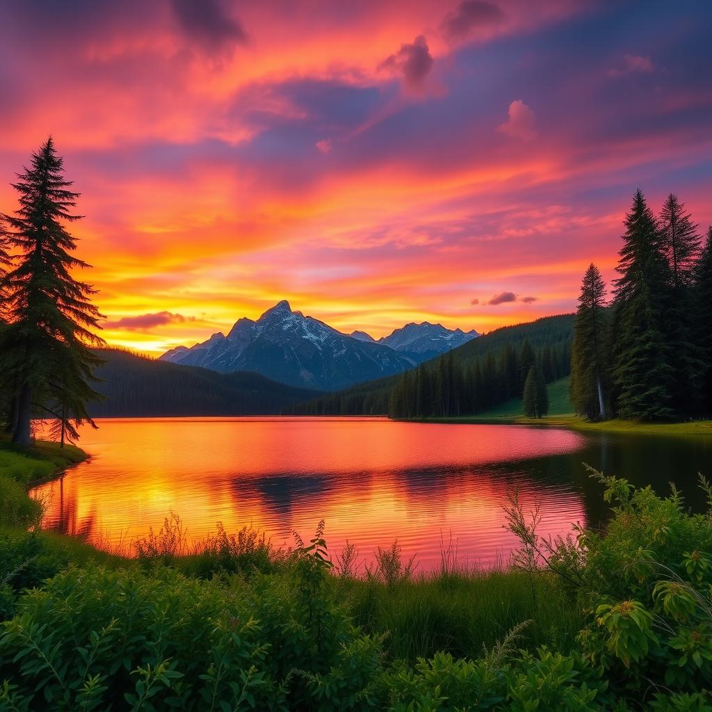 A beautiful and serene landscape featuring a stunning sunset over a tranquil lake