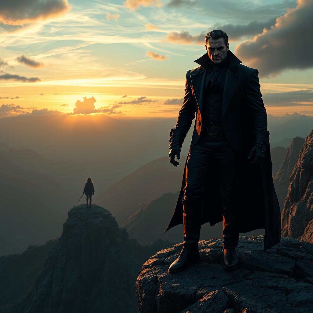 An imposing villain character, dressed in dark, elegant attire, stands on a rocky cliff overlooking a vast, mystical landscape during sunset