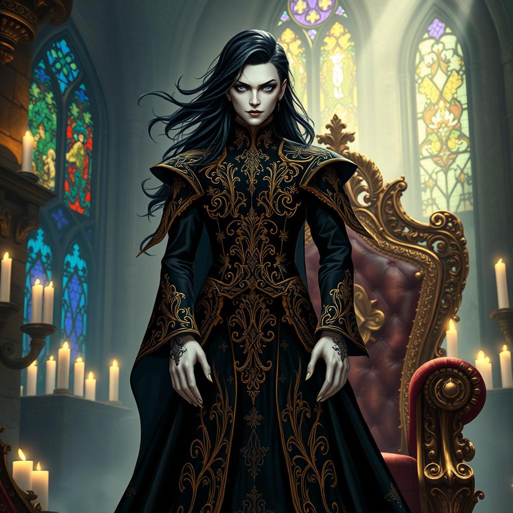 A dark and enigmatic villain hailing from a royal family in a fantasy realm