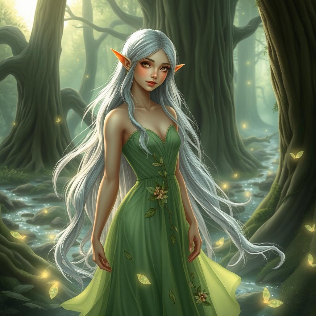 A beautiful elf in an enchanted forest, featuring long flowing silver hair, pointed ears, and wearing a delicate, flowing green dress adorned with leaves and flowers