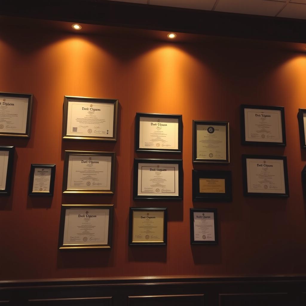 An elegant indoor space featuring a wall adorned with diplomas and certificates, illuminated with soft, warm lights