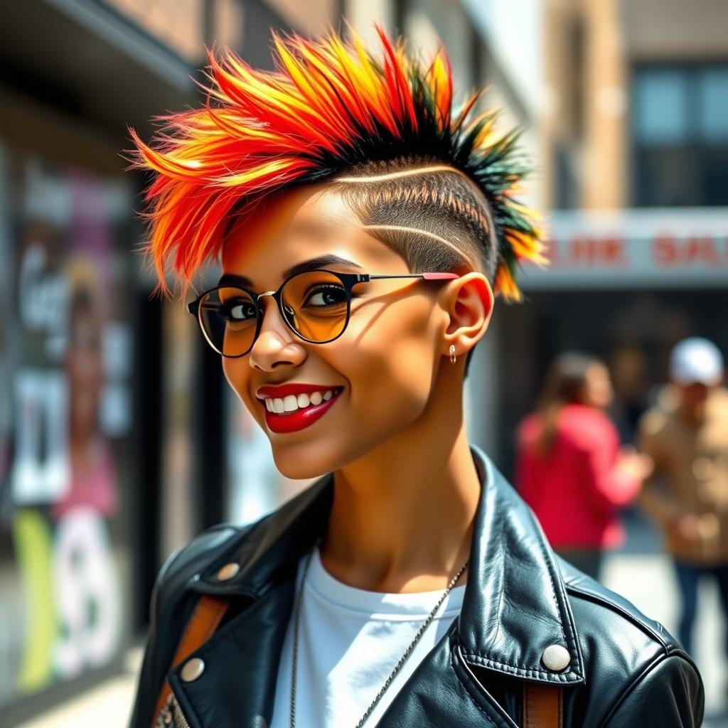A stylish portrait of a person with a vibrant Mohican hairstyle, featuring bold colors and sharp lines showcasing the edgy cut