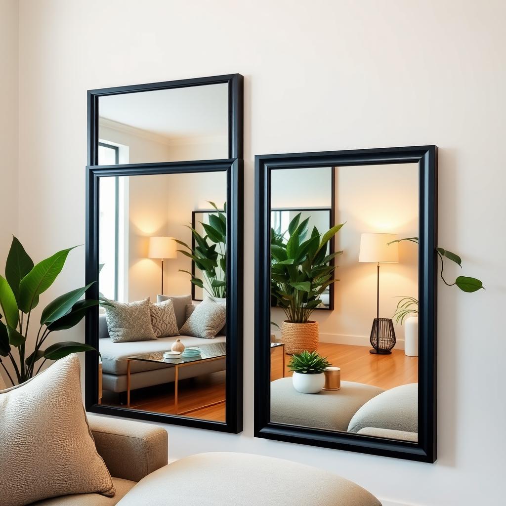 A detailed interior scene featuring a modern living room with sleek black-bordered mirrors