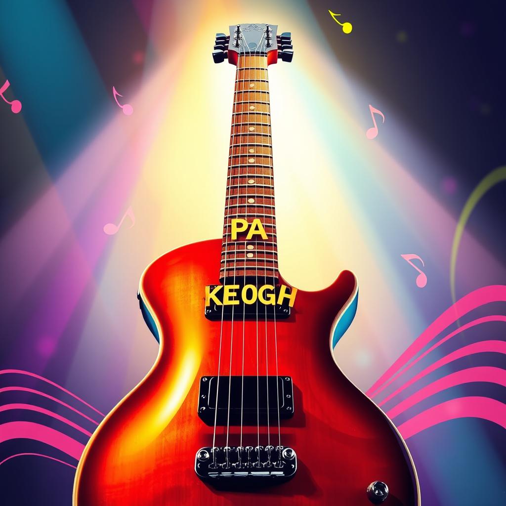 A vibrant music poster featuring an electric guitar viewed from the bottom, looking up the neck towards the headstock