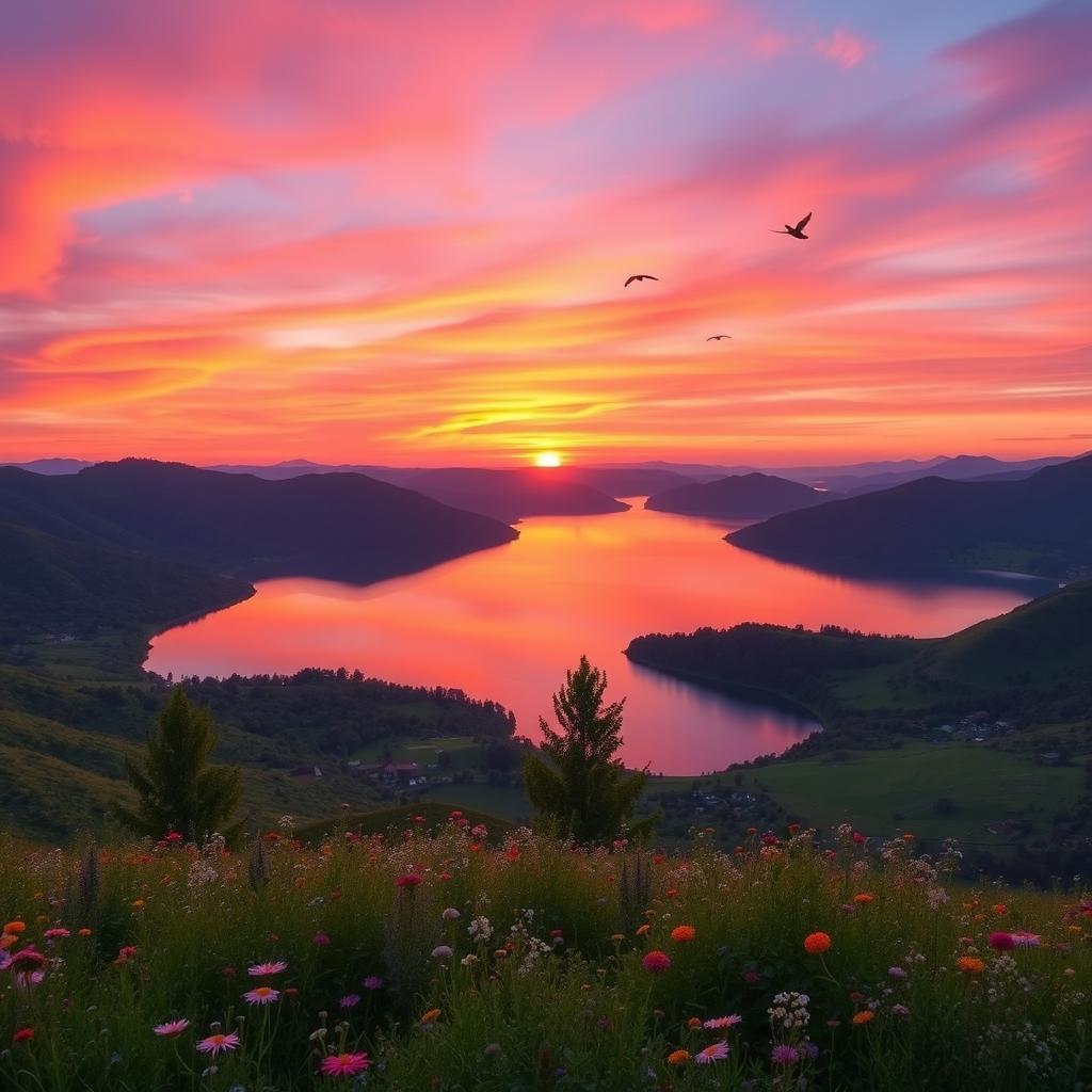 A stunning landscape featuring a vibrant sunset over a serene lake, surrounded by lush green hills and blooming wildflowers