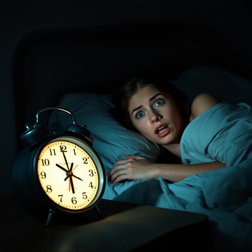 A bedside scene featuring a clock displaying 3:14 AM, next to a young woman lying in bed, looking terrified