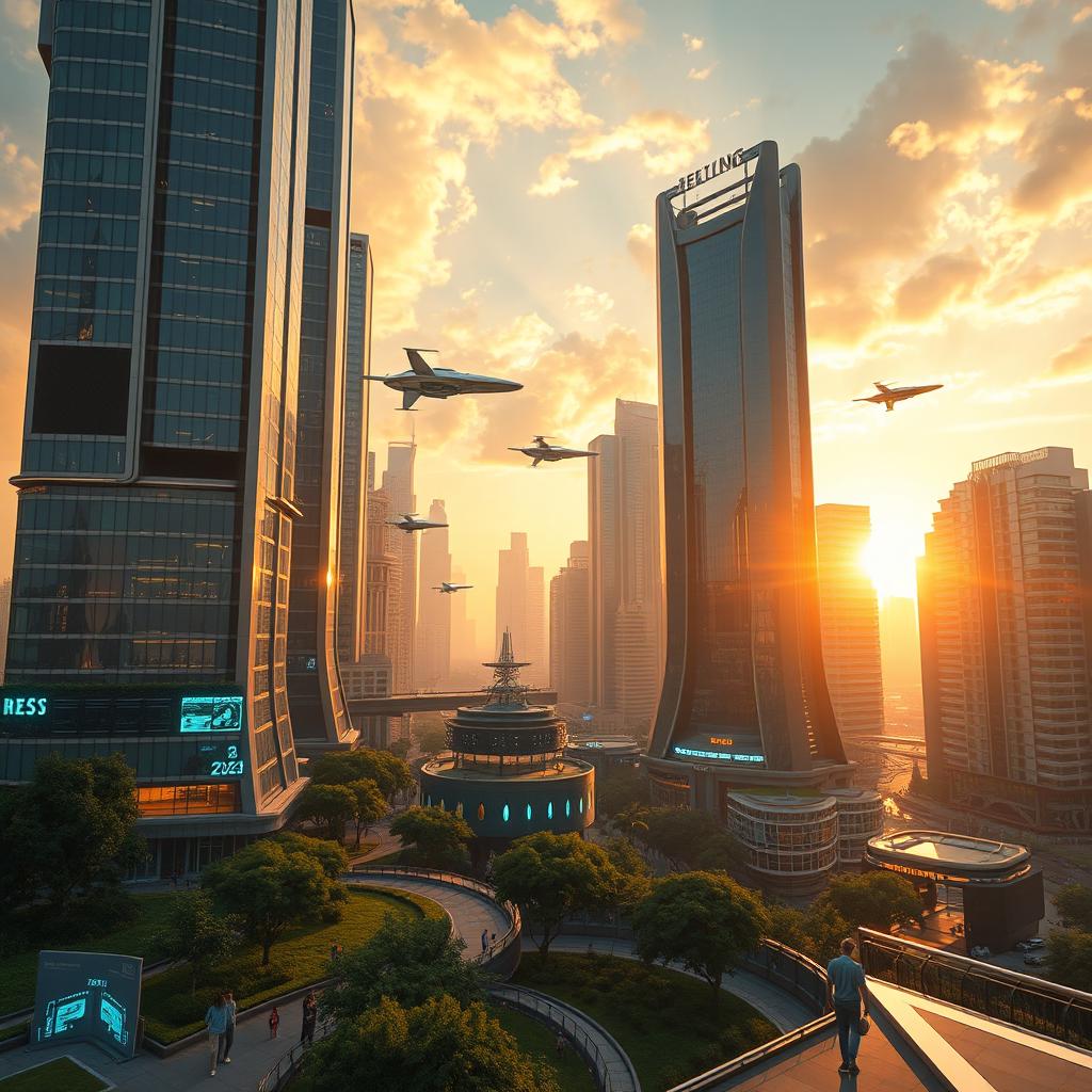 A stunning 2025 futuristic cityscape at sunset, featuring sleek skyscrapers with glowing LED lights, flying cars zipping through the sky, and lush green parks integrated into the urban environment