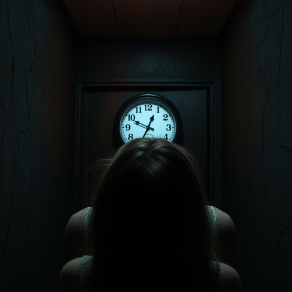 A terrified young woman gazing at a clock in the back of a dark room, which shows 3:14 AM