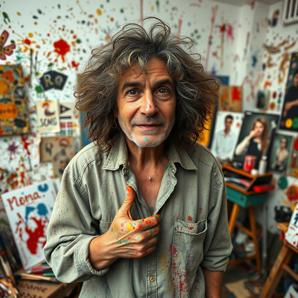 An expressive artist in a vibrant, chaotic studio filled with paint splatters on the walls