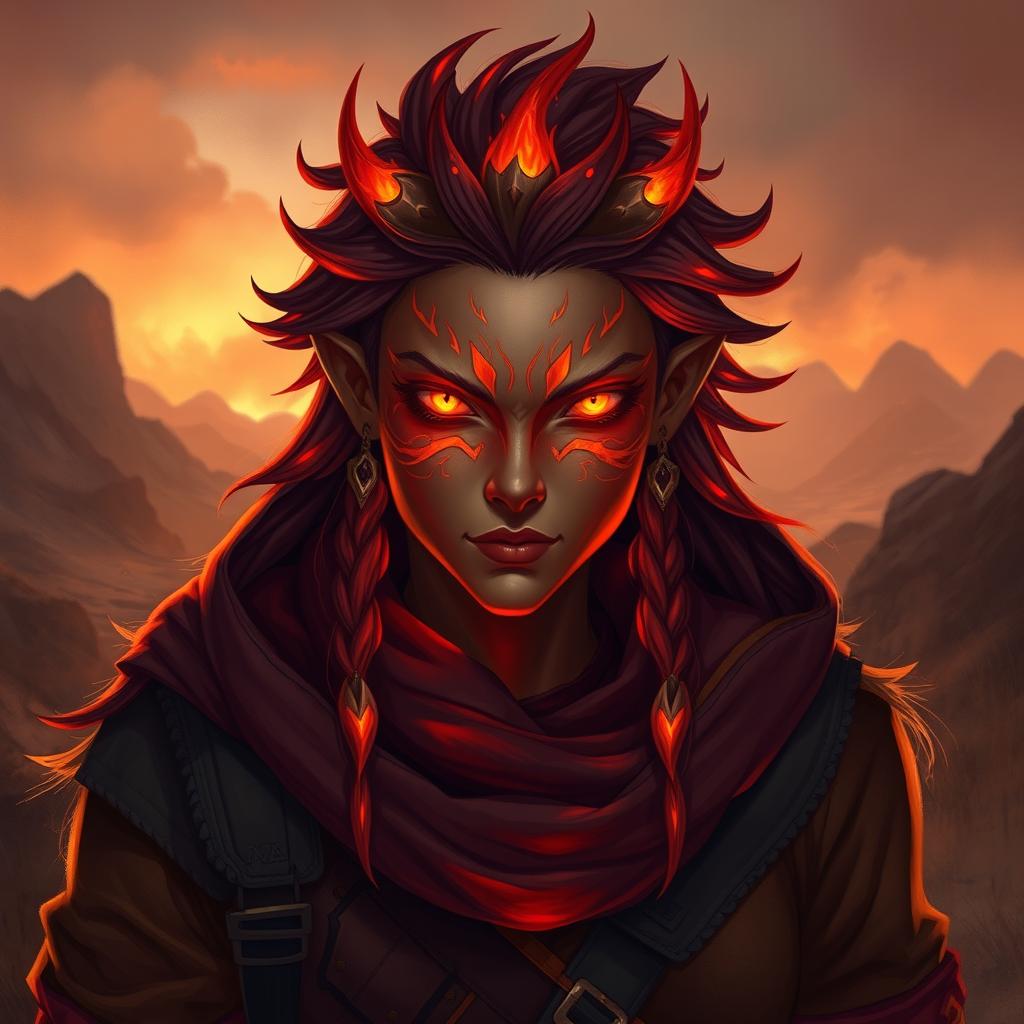 A striking Fire Genasi character named Ashen Vael, depicted in a fantasy setting