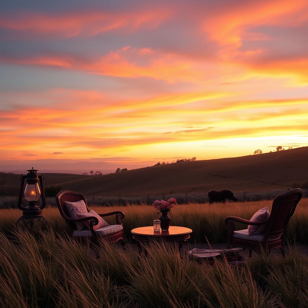 A nostalgic scene capturing the essence of a romantic idealist, featuring a breathtaking soft sunset with hues of orange, pink, and lavender blending into a gentle twilight sky