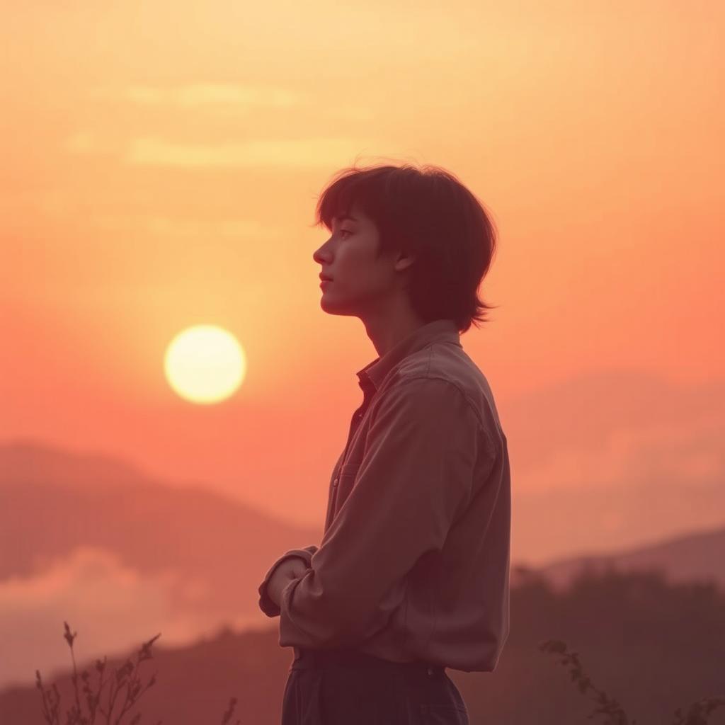 A Romantic Idealist characterized as a poetic and nostalgic figure, surrounded by a soft sunset that bathes the scene in warm hues of orange and pink