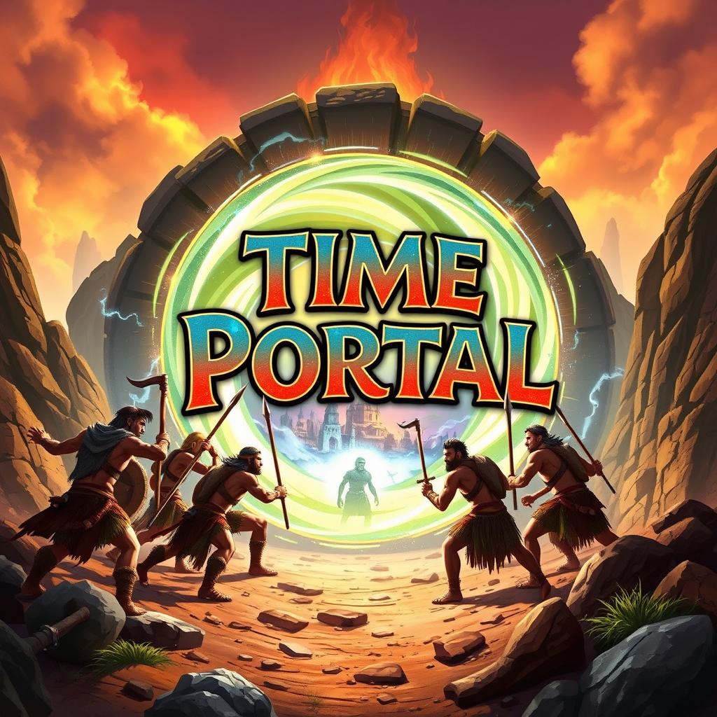 A dynamic poster for the board game "Time Portal", depicting a group of prehistoric warriors gathered around a glowing, swirling time portal set in a rugged, primal landscape