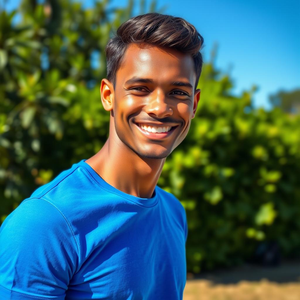 A handsome young man with smooth skin, now 4 shades darker, wearing a vibrant blue t-shirt