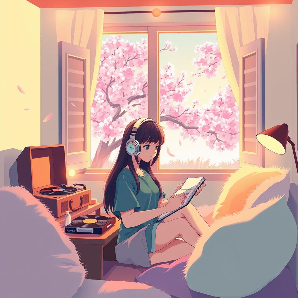 A vibrant anime-inspired scene set in a cozy room filled with warm, ambient lighting