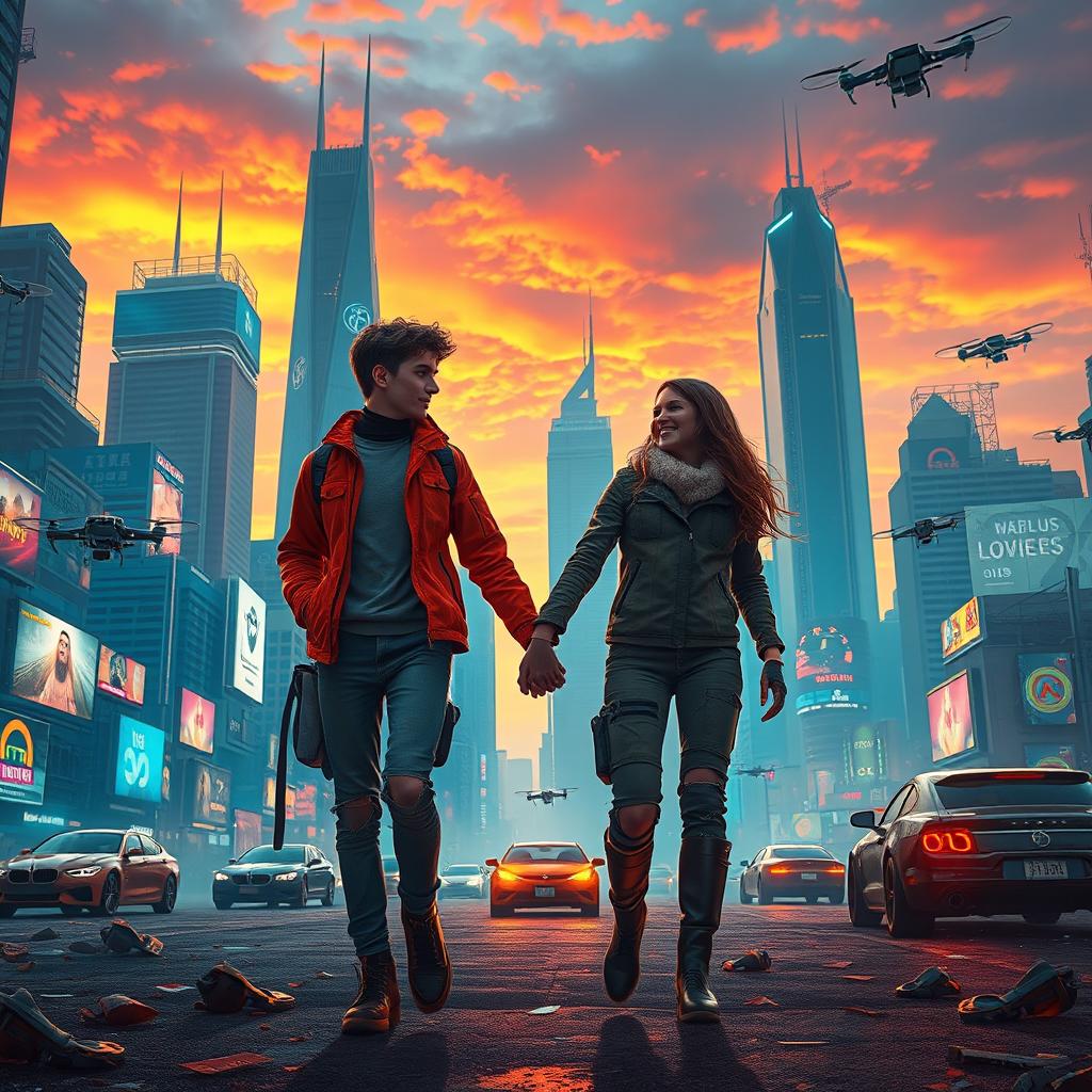 A couple in an urban dystopian landscape filled with chaotic elements and advanced technology