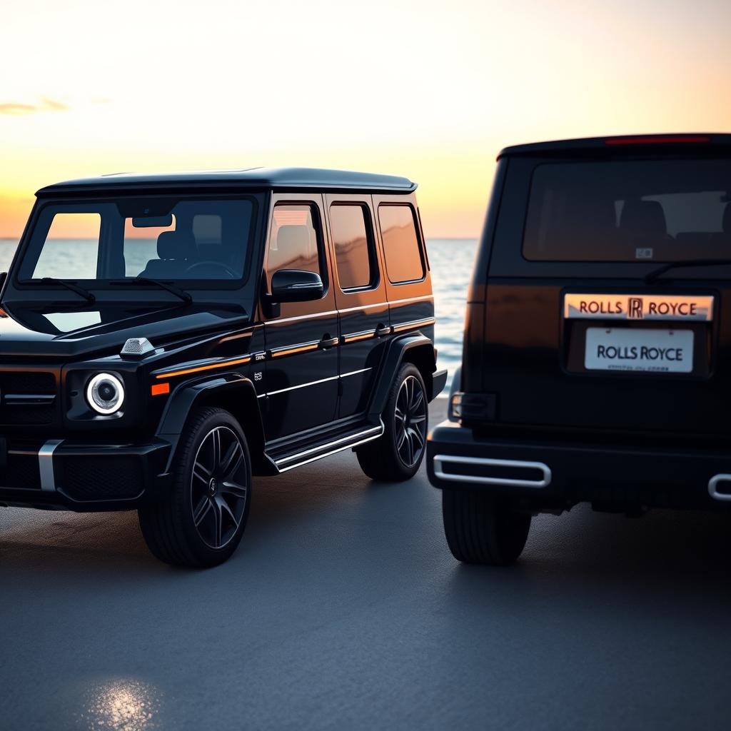 A sleek black G-Class Mercedes-Benz parked elegantly next to a luxurious black Rolls-Royce, both vehicles illuminated by the soft glow of sunset