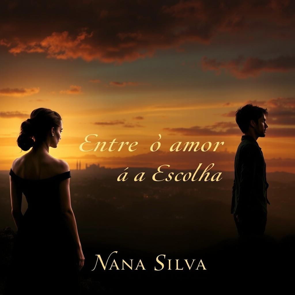 A dramatic and emotional book cover for the story 'Entre o Amor e a Escolha' by Nana Silva, depicting a poignant sunset scene