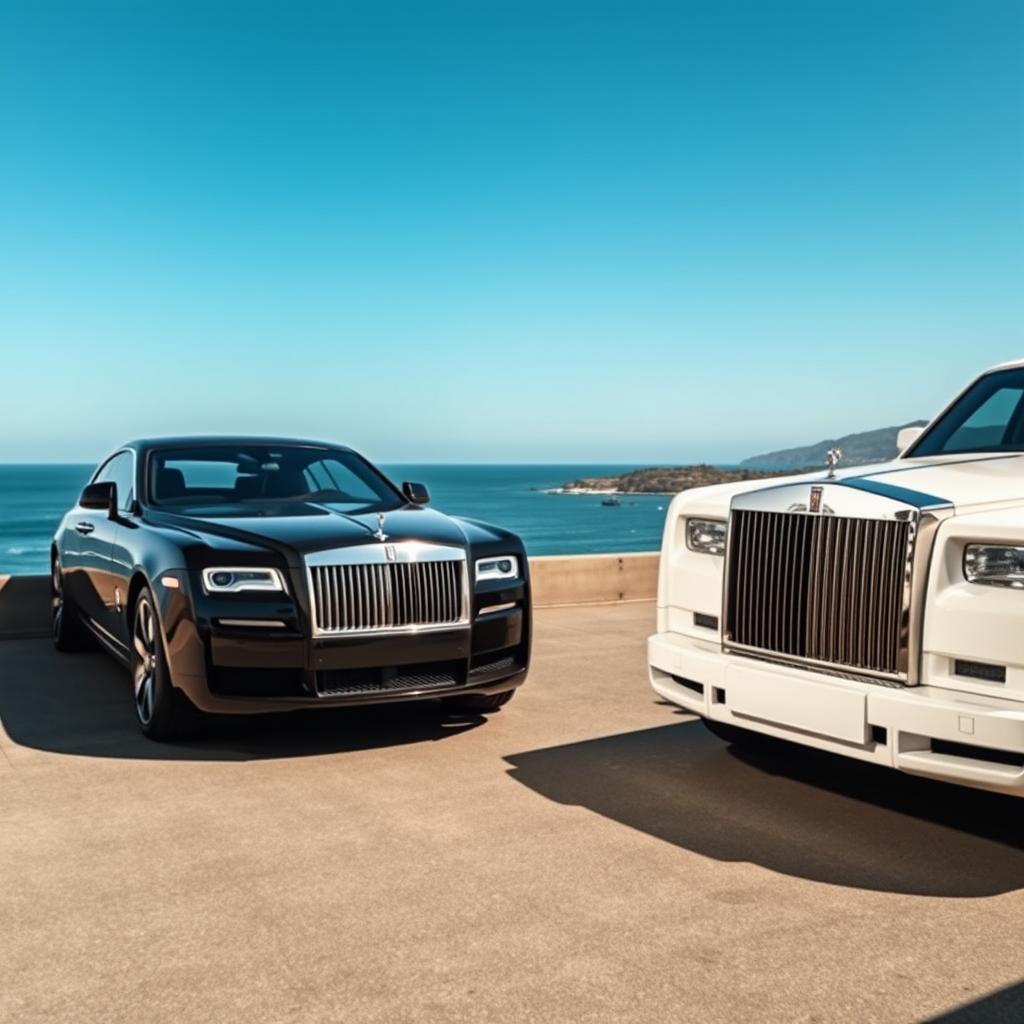 A stunning scene featuring a black Rolls Royce parked next to a white Rolls Royce, set during the day