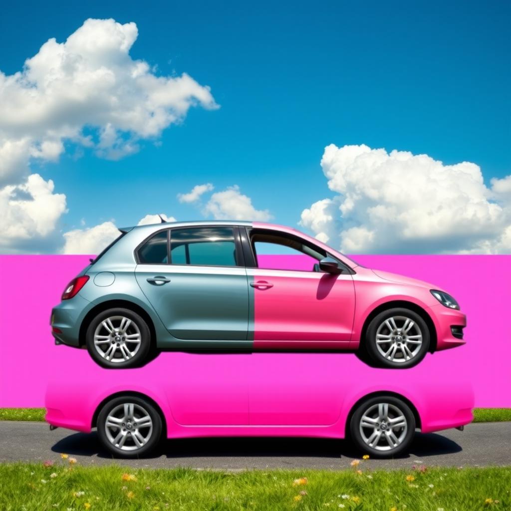 A car divided in half horizontally, with the top half showing a typical car design and the bottom half painted in a vibrant pink color, both halves seamlessly integrated