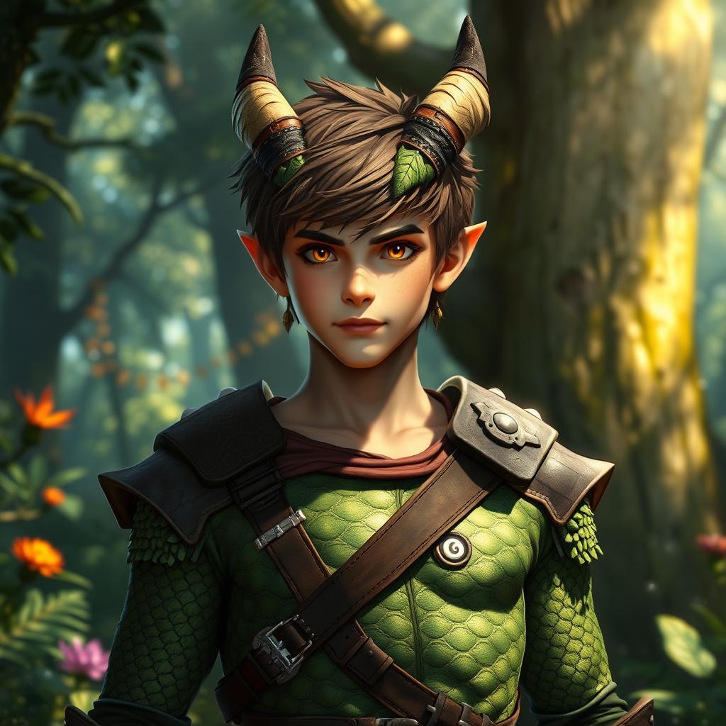 A teenage male Dragonborn character standing confidently in a magical forest