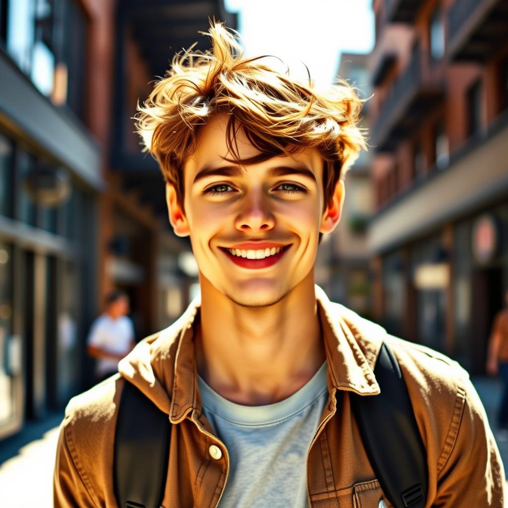 A creative, artistic portrait of a confident young man in casual, stylish clothing