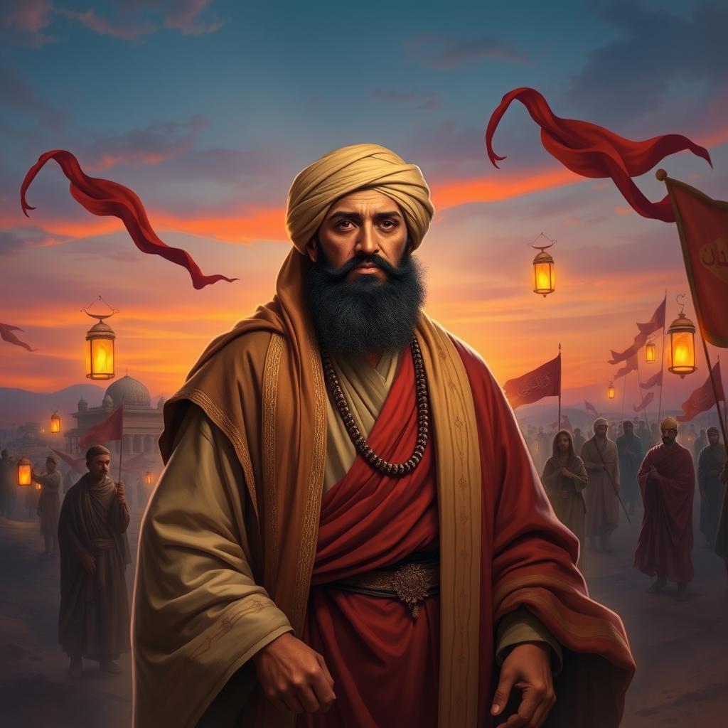 An artistic representation of Imam Hussain, showcasing him as a noble and courageous figure