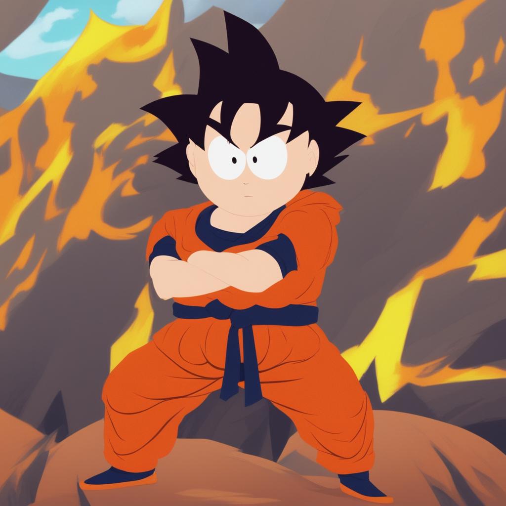 This is a digital art image of Goku from Dragonball Z in his Super Saiyan form, reimagined as a South Park character