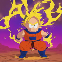 This is a digital art image of Goku from Dragonball Z in his Super Saiyan form, reimagined as a South Park character